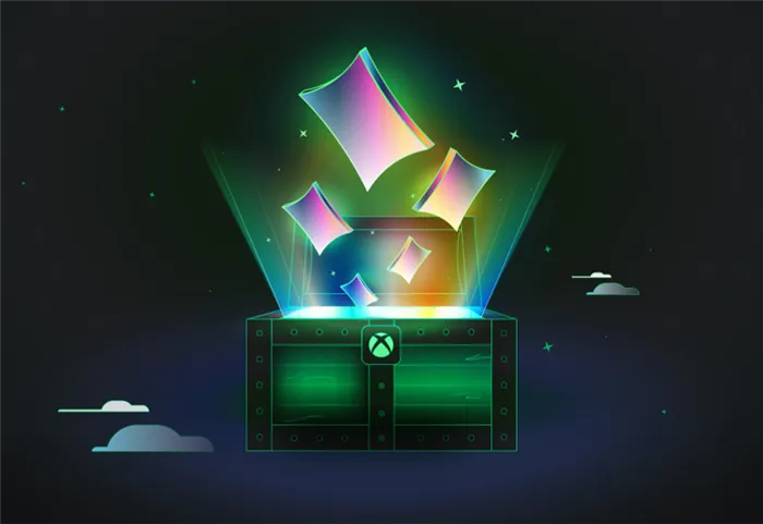 Прямоугольники с подсветкой, выплывающие из зеленой сокровищницы с сферой Xbox