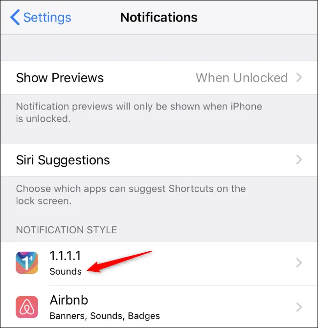 Экран уведомлений iPhone, показывающий приложение только со звуковыми оповещениями.