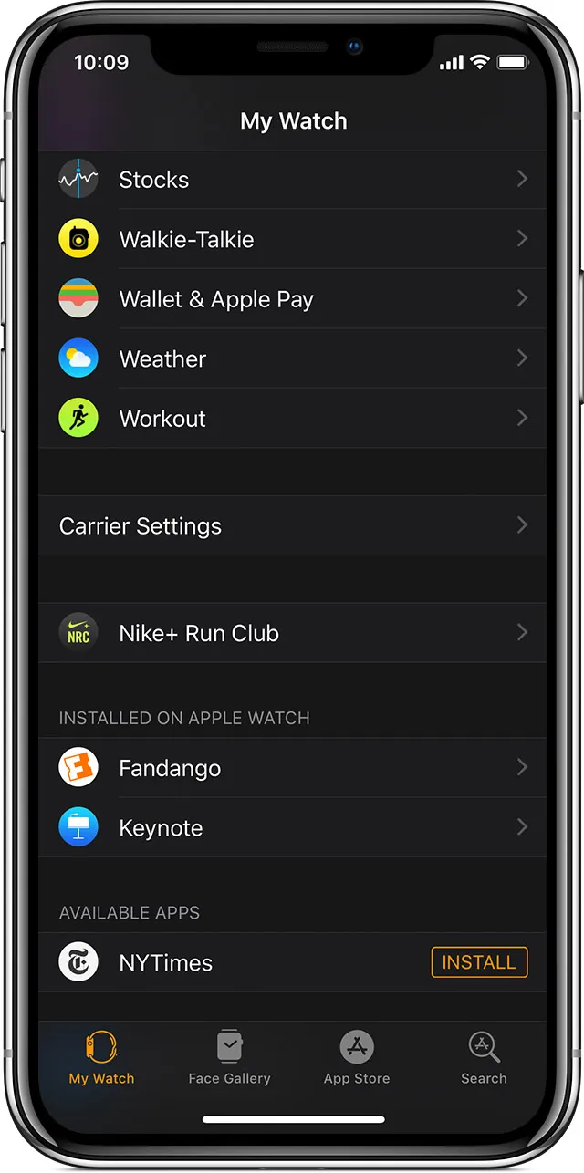 Available apps in the Apple Watch app.