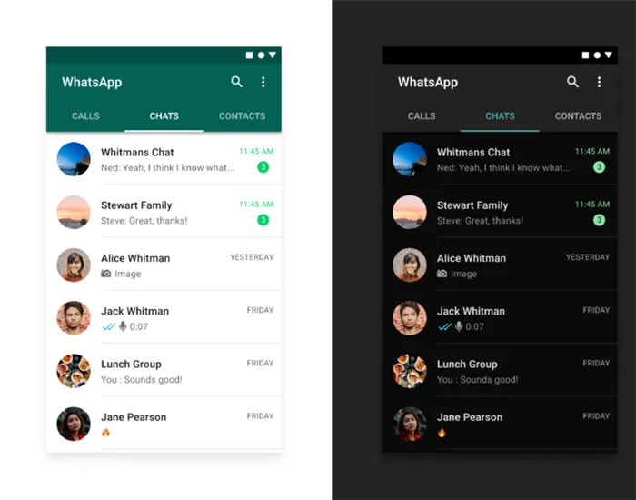 Сравнение черных и белых тем для WhatsApp