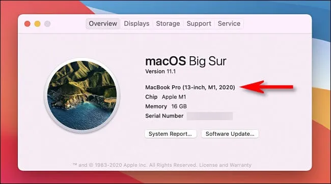 Название и год выпуска модели Mac указаны в разделе