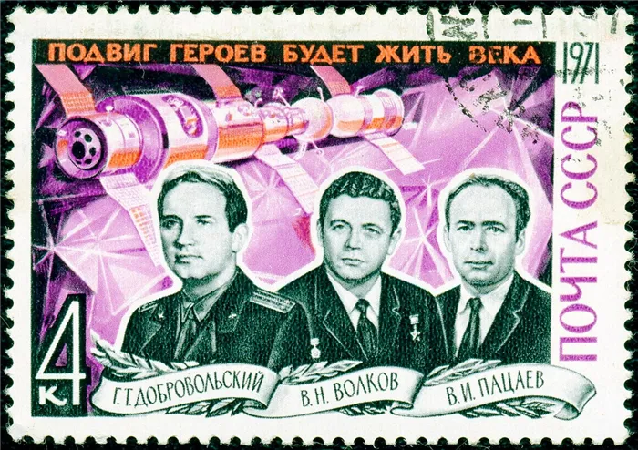 Γραμματόσημο της ΕΣΣΔ. 1971. г.т. Добровольский, В.Н. Волков, В.И. Пацаев.