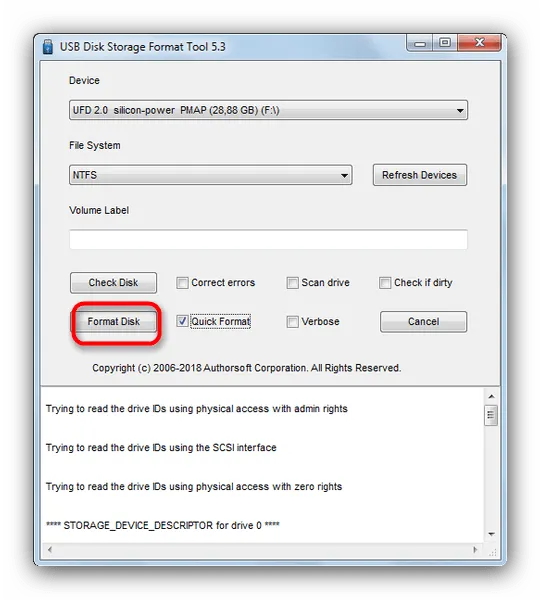 Установите USB Disk Storage Format Tool 5-3 для возврата флэш-накопителя в состояние по умолчанию