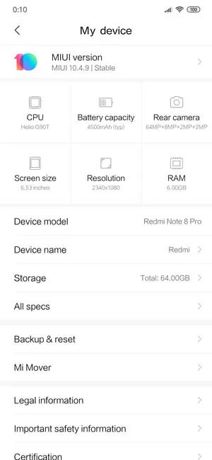 Системные настройки Redmi и информация Note 8 Pro