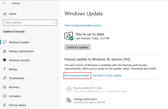 Получение обновления Windows 10 от ноября 2021 года в настройках Windows