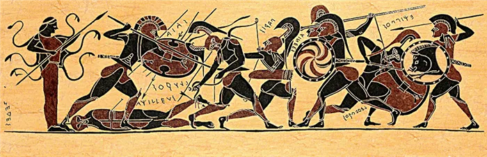 Битва за тело Ахилла. Аякс слева побеждает Глафкос. Иллюстрация древнегреческой вазы (утраченной сегодня) 540-530 гг. до н.э.