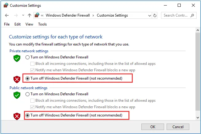 απενεργοποιήστε το τείχος προστασίας των Windows Defender