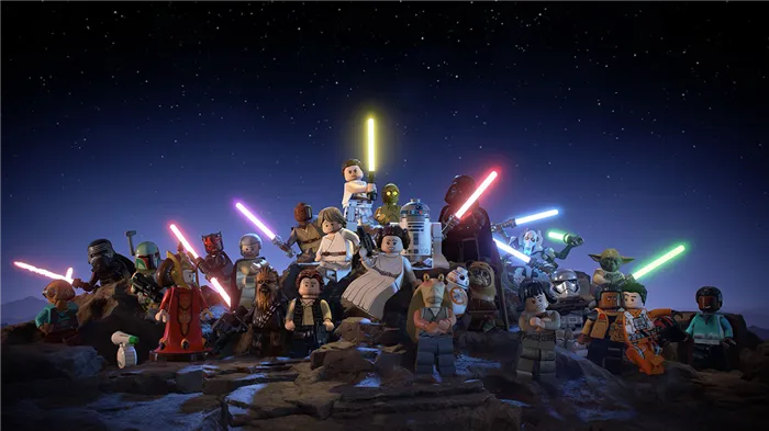 Рей, Люк и Лея среди персонажей Звездных войн, изображенных в стиле Lego в лучах теплого космического света.