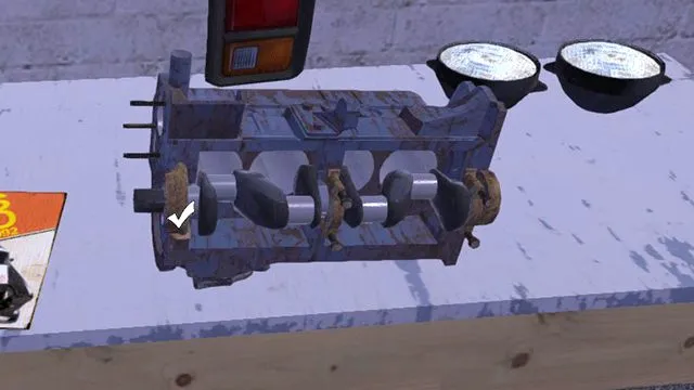 Crankshaft goes inside the block. The bearings will hold it in three places. - Engine and Gearbox of the Satsuma car | My Summer Car - Assembling the Satsuma car - My Summer Car Guide