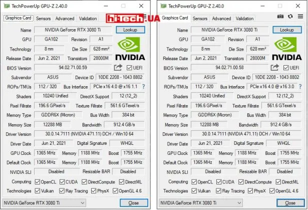 Параметры видеокарты по данным GPU-Z (слева включена микросхема BIOS с P-режимом, справа — с Q-режимом)