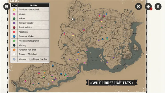 Карта диких лошадей в Red Dead Redemption 2