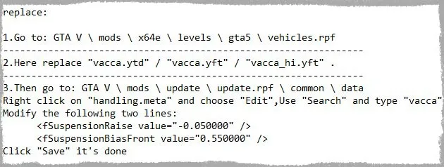 Оригинальное описание замены машины в GTA 5 из Readme файла