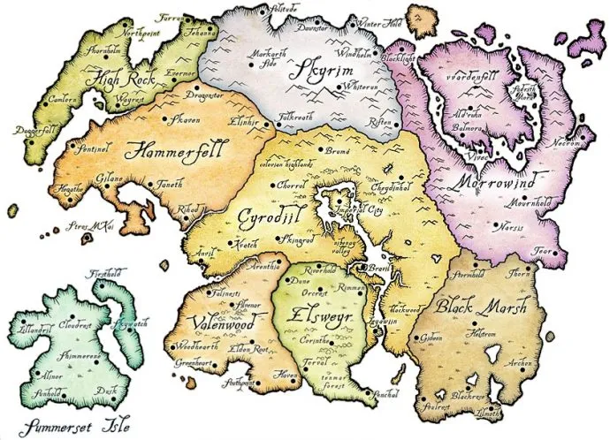 Карта Тамриэля, вымышленный сеттинг из серии Elder Scrolls.