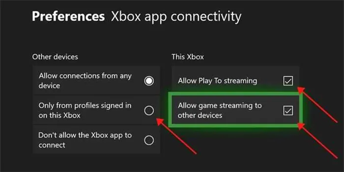 Снимок экрана настроек Xbox «Подключение к приложению Xbox» с красными стрелками, указывающими зрителю, как включить потоковую передачу