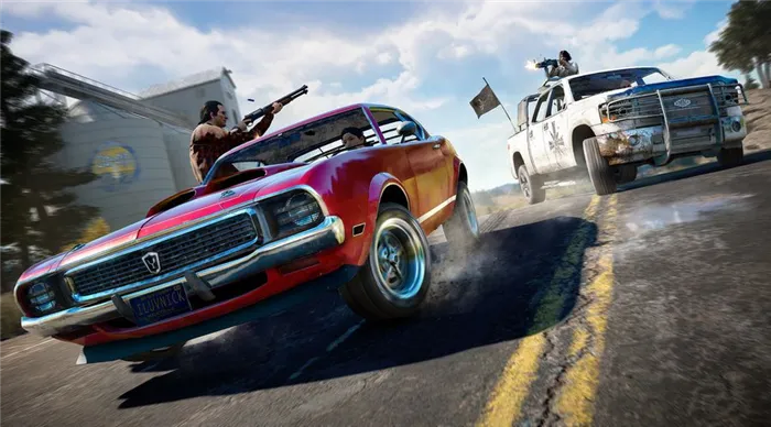 Far Cry 5 двое бандитов перестреливаются из машин